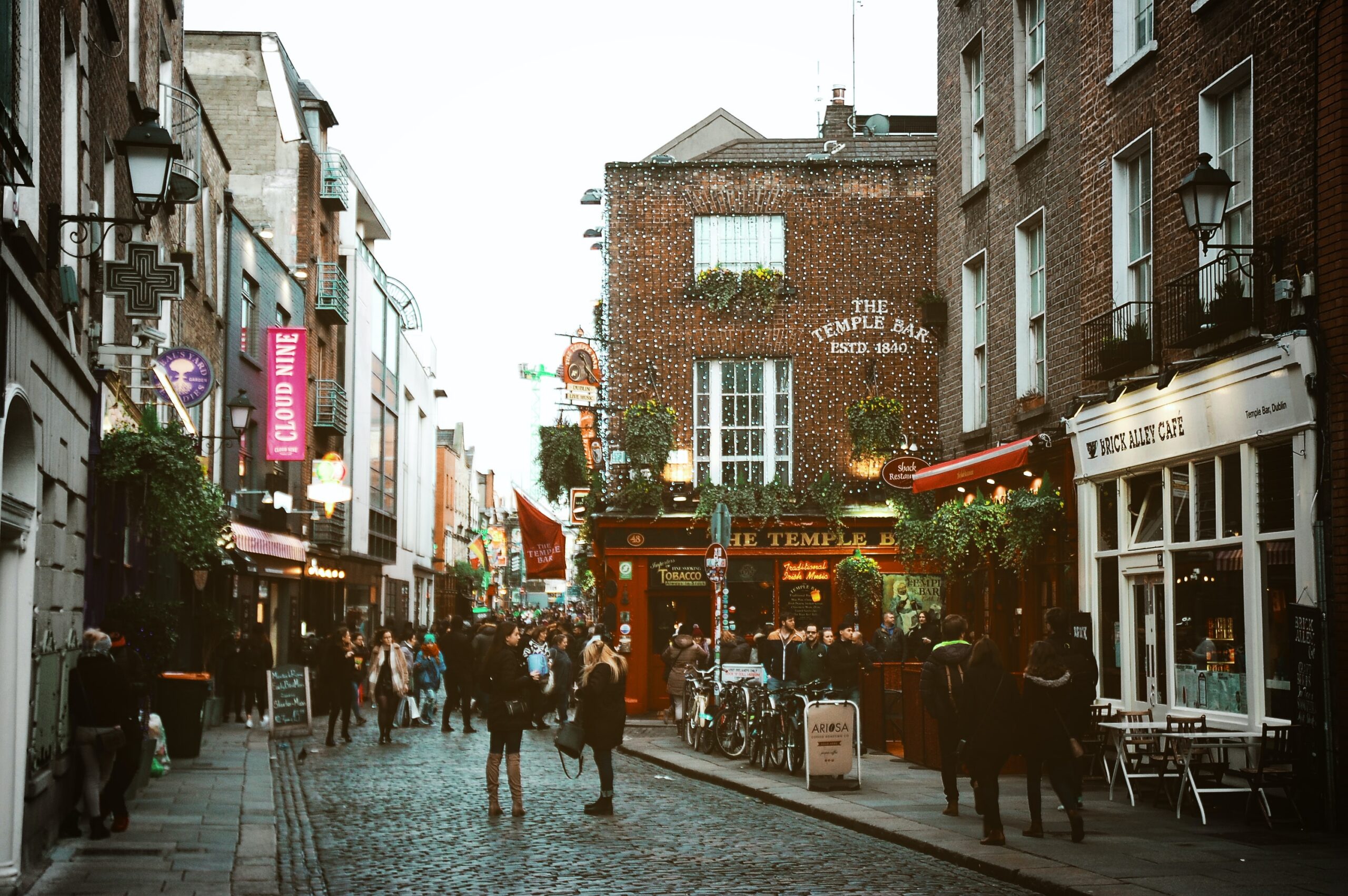 Colorful historic street in Dublin, Ireland in front of the famous temple bar